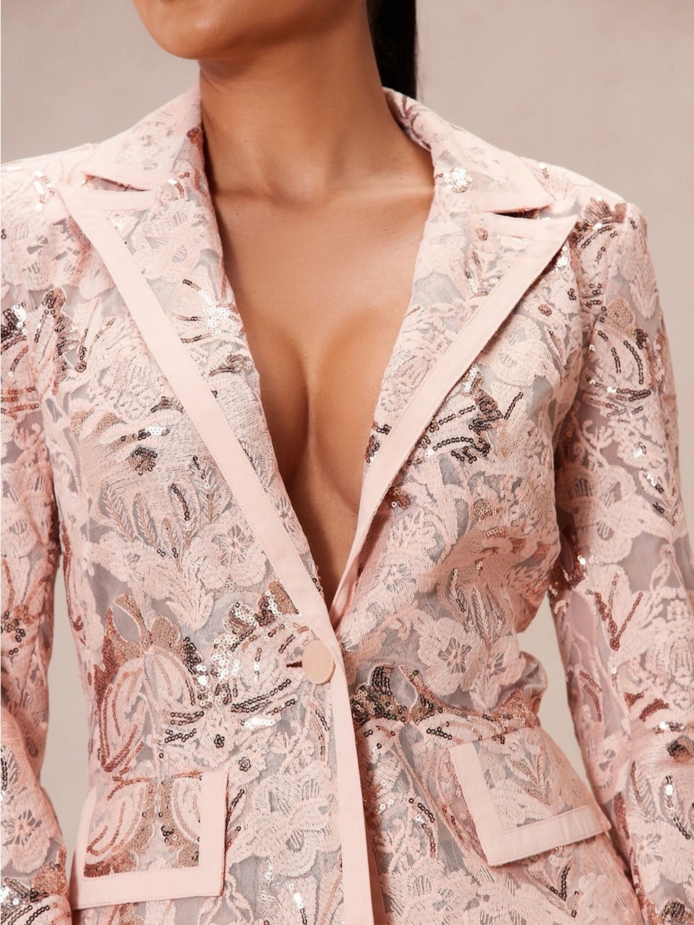 Women's Pink Lace Sequin Blazer and Pant Suit - Picture 3 of 6